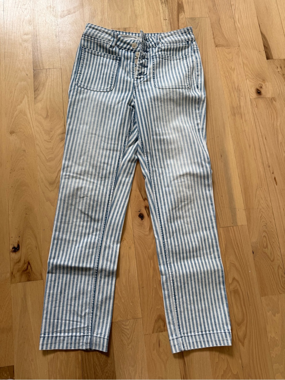 Anthropologie Pilcro Railroad Blue and White Striped Straight Leg Jeans size 26